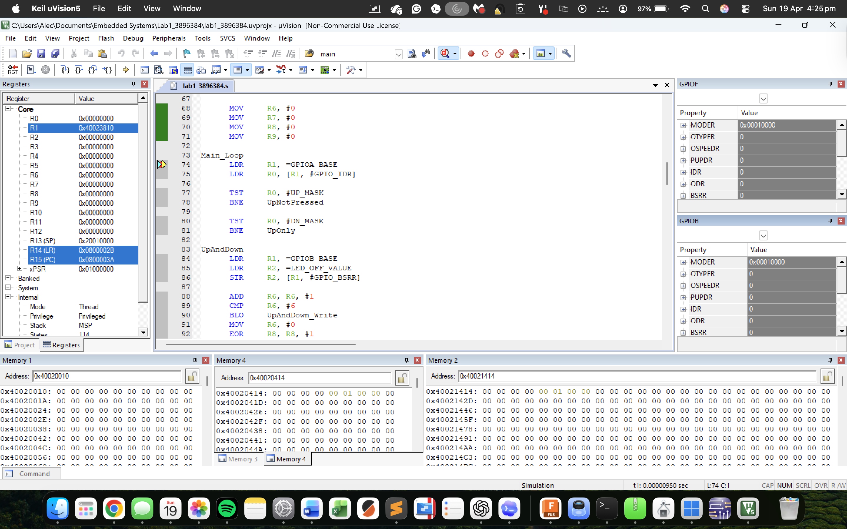 Keil uVision5 IDE showing ARM assembler source code with LDR, STR, MOV instructions for GPIO operations, Registers panel on left, SFRPC and Memory windows visible